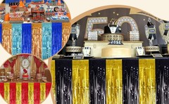 2 Pack Metallic Tinsel Foil Fringe Table Skirts for Rectangle & Round Tables Hot
