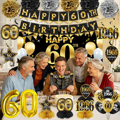 30PCS 60Th Birthday Decorations for Men Women, Black Gold Vintage 1966 Banner Ho