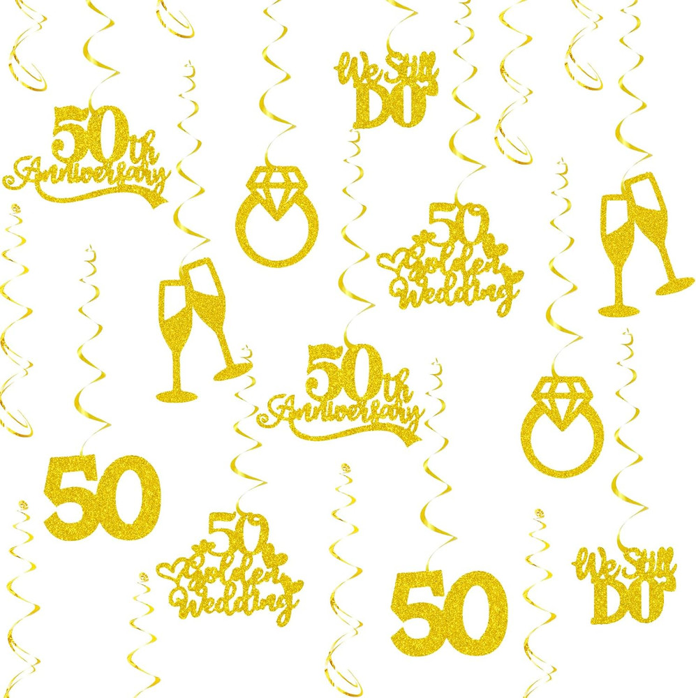 50Th Anniversary Decorations, Gold Glitter Happy 50Th Anniversary Hanging Swirls