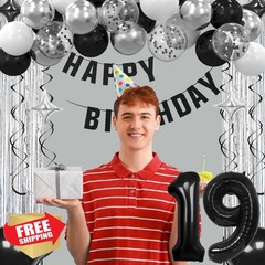 Ashmole 19th Birthday Banner Balloons 19 Black Silvery
