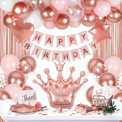 Rose Gold Birthday Decorations White Pink Balloons Banner Fringe Curtain Women