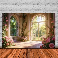 Rose Garden Backdrop Elegant Palace Flower Wedding Background Photo Banner Decor