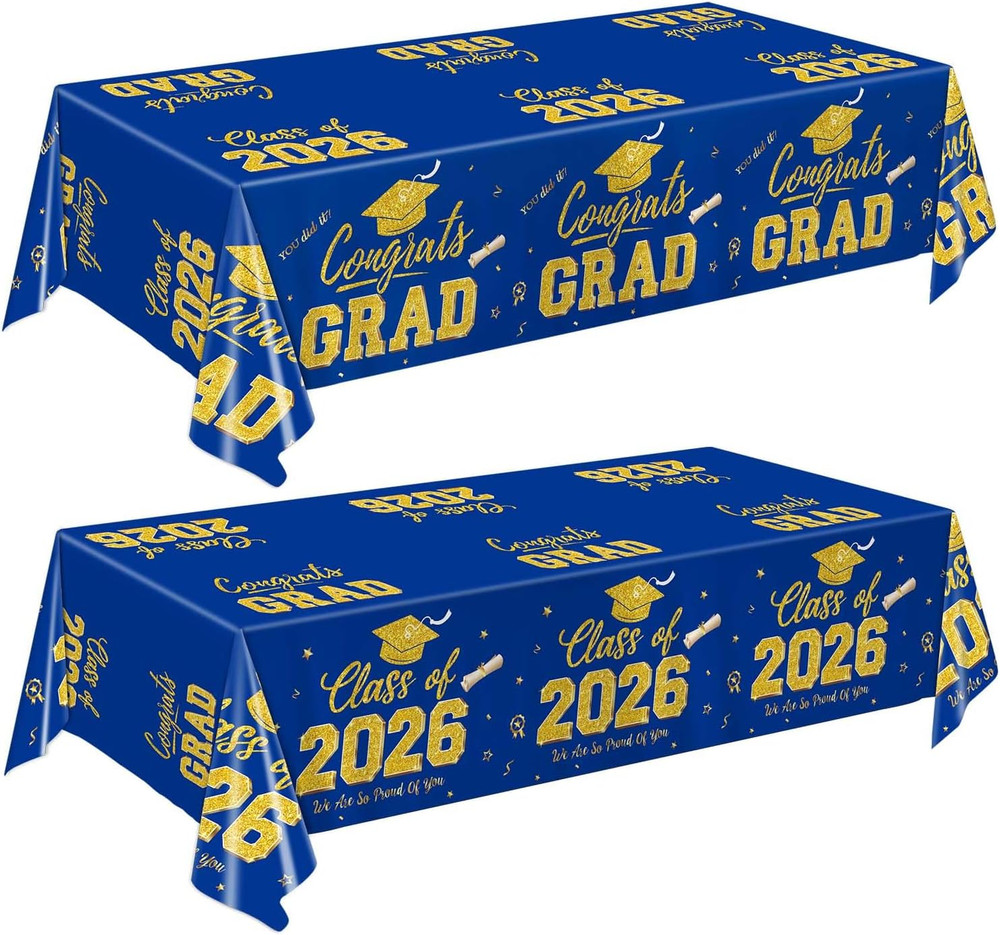 Graduation Decorations 2026, Blue and Gold Graduation Tablecloths, 2 Pack Congra