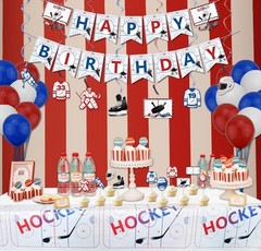 Complete Hockey Birthday Decorations: Banner, Balloons, Swirls & Tablecloth