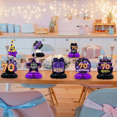8Pcs 70Th Birthday Table Decorations Honeycomb Centerpieces Purple and Black 70T