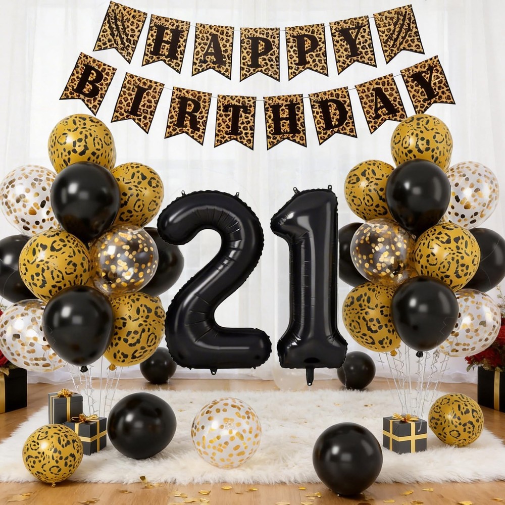 21st Cheetah Decorations,Black Gold Leopard Balloons Set with Happy Banner Nu…