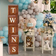 Twins Baby Shower Decorations Baby Boxes with Letters 5pcs Wood Baby Brown