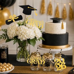 16 Pcs Graduation Decoration 2026 Centerpieces Sticks Gold Black Double Side