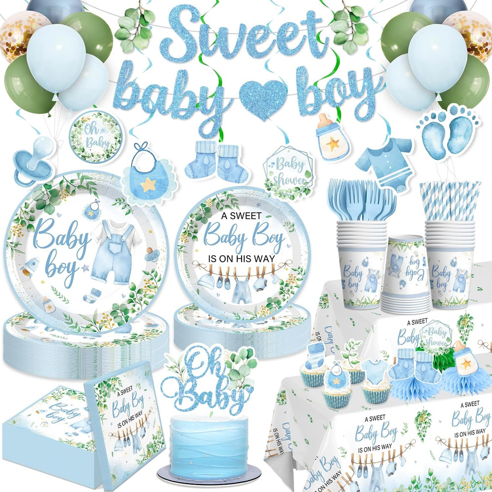 201PCS Baby Shower Decorations Boy Tableware Set, 25 Serves Disposable Plates an