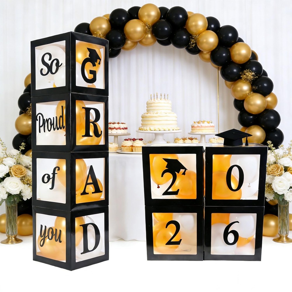 Graduation Decorations 2026 Set of 4 Boxes with 11 inches, Black, Gold, White