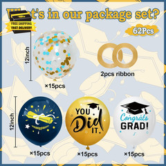 Graduation Decorations 2026 – Graduation Balloons 62Pcs 12 Inch Navy Blue Gold W