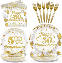 96Pcs 50Th Wedding Anniversary Decorations,Golden 50Th Anniversary Party Plates