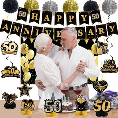 Happy 50Th Wedding Anniversary Decorations Kit, Black Gold Happy 50Th Anniversar