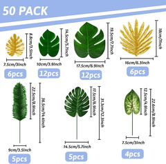Tropical Party Decorations, 50 Pieces 7 Kinds Artificial Palm Leaves Green and G