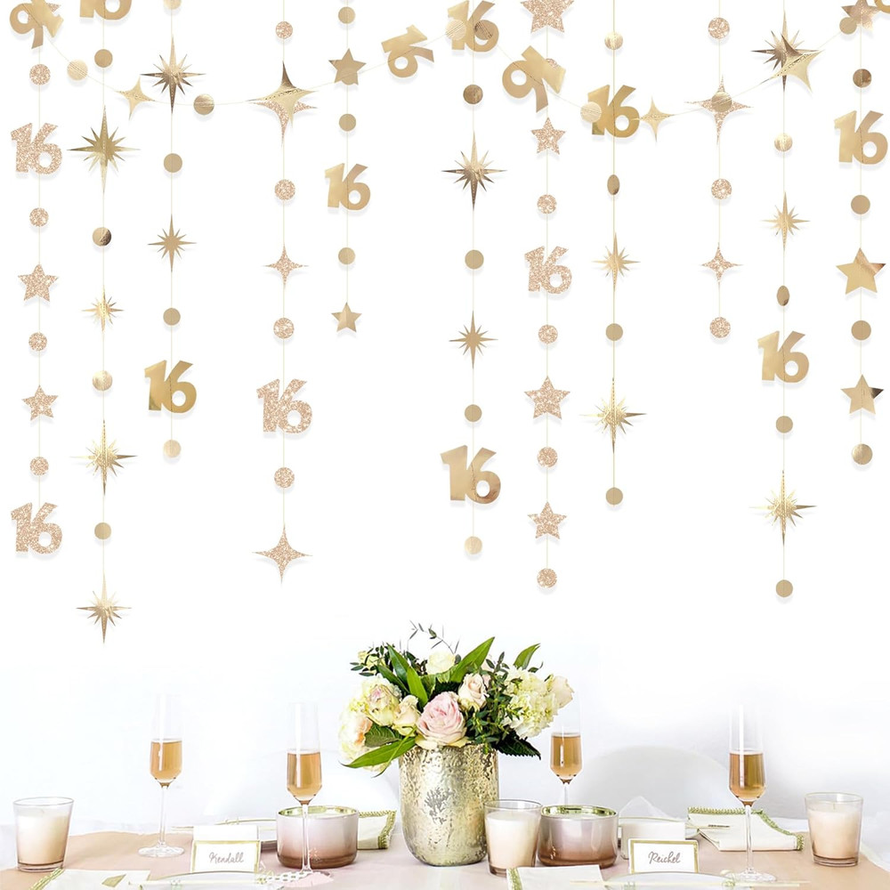 Champagne Gold Number 16 Circle Dot Twinkle Star Garland Streamer Bunting Banner