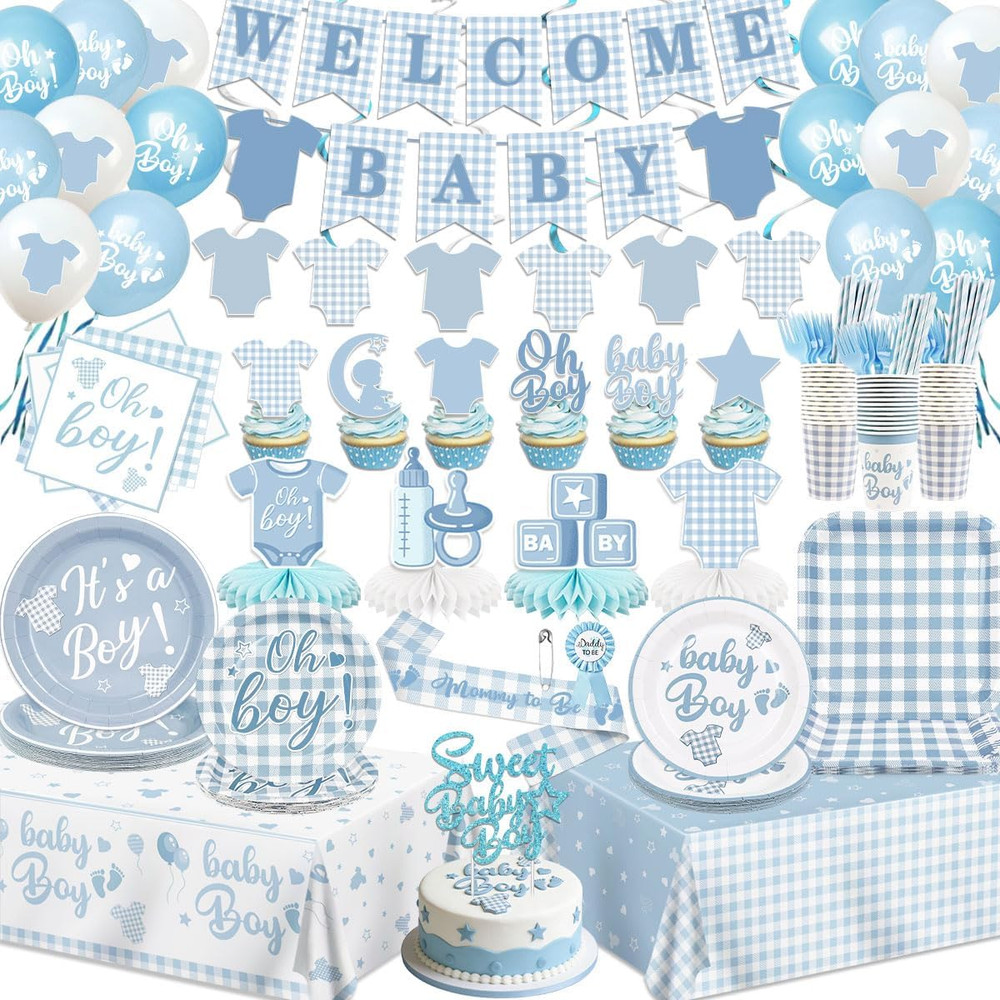 Blue Baby Shower Decorations Boy Blue Gingham Welcome Baby and Body Cloth Banner