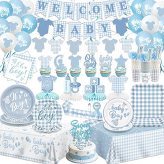 Blue Baby Shower Decorations Boy Blue Gingham Welcome Baby and Body Cloth Banner