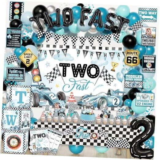 Two Fast Birthday Decor, 143Pcs Race Car Racing 2nd Birthday Party