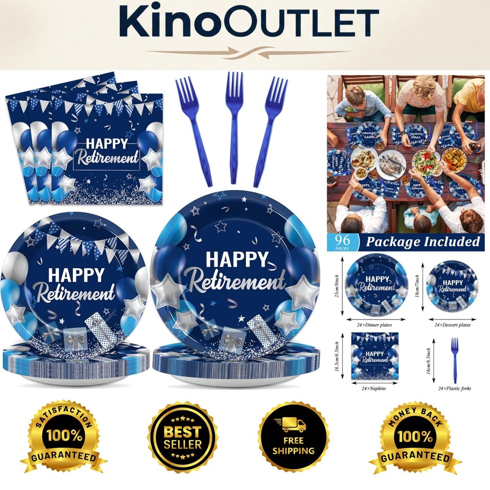 Elegant 96-Piece Retirement Party Tableware Set in Blue & Silver for 24 Guests