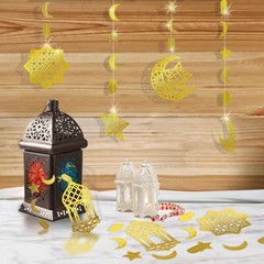 Ramadan Eid Mubarak Hanging Decorations for Home, 6 Pcs Pre-Tied Hanging Golden