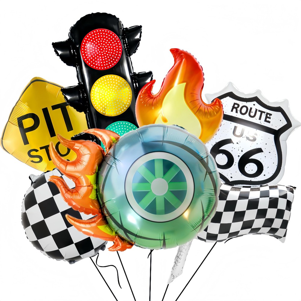 7Pcs Race Car Party Decor/Flame Tire Balloons, Traffic Light, Route 66, Pit S…