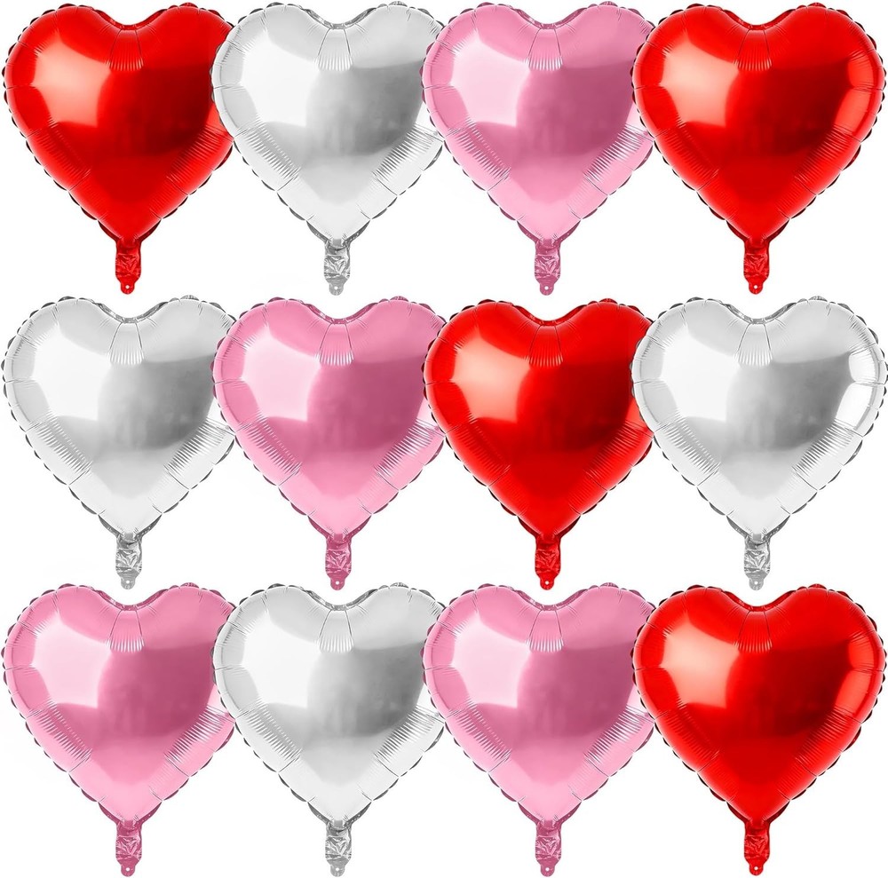 12PCS 18″ Pink,Silver & Red Heart Balloons Valentines Day Wedding Party Decor