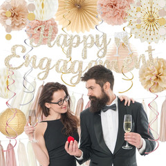 Engagement Party Decorations, Champagne-Gold Glitter Happy Engagement Banner