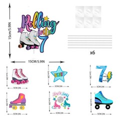 7Pcs Rolling into 7 Cake Toppers Set, Roller Skate, 7th Birthday, Retro, Girl