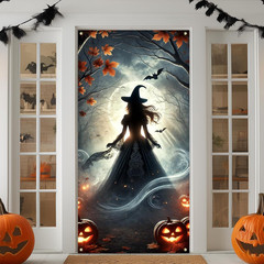 Halloween Decorations Witch Pumpkins Bats Haunted House Door Cover Banner 35X71″