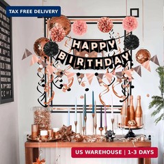 FECEDY Rose Gold Black Theme Happy Birthday Banner Flag Bunting Paper Circle Con