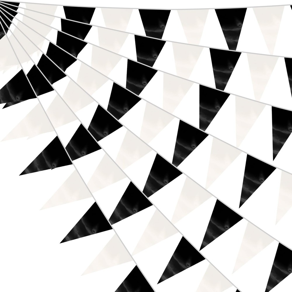 130FT Black White Triangle Pennant Banner Flag Metallic Fabric Bunting Garlan…