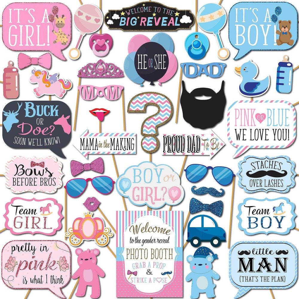 Gender Reveal Photo Booth Props – 41-pc Photobooth Kit with 8 x 10-Inch Sign,…