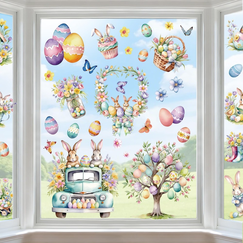 9 Sheets Easter Window Clings for Glass Windows – Watercolor Bunny Multicolor