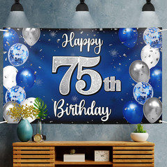 Happy 75Th Birthday Decorations,75Th Blue & Silver Balloon Large Birthday Banner