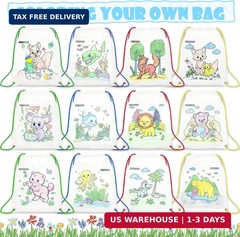 12 PCS Colorable Drawstring Backpack for kids with 12 stackable crayons (7 Color