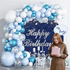 Blue Silver Glitter Happy Birthday Backdrop Cover