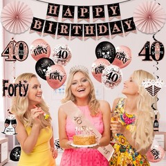 40th Birthday Party Decorations Kit – 33pcs Black Rose Gold Banner, Crown, Ballo