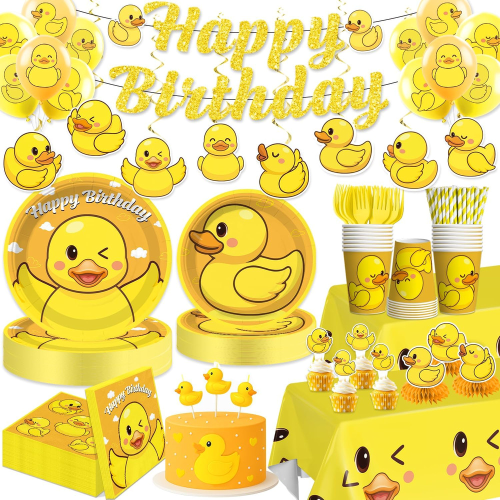 Duck Birthday Decorations for 25 Guests, 195PCS All-In-One Yellow Rubber Duck Pa