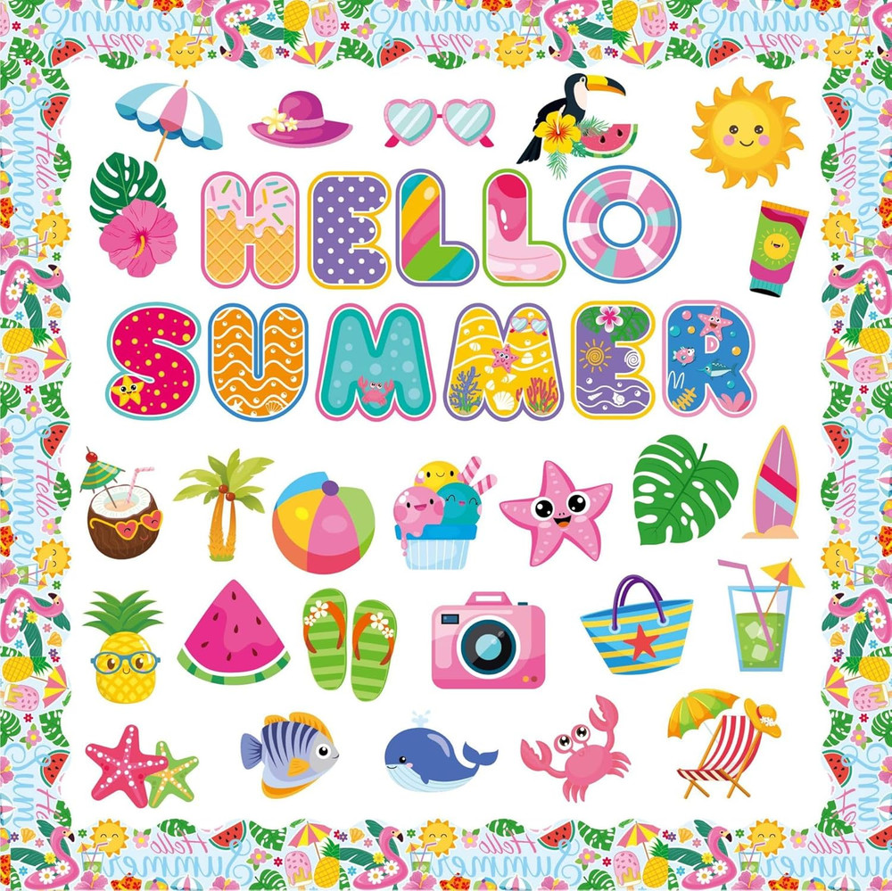 73 Pcs Hello Summer Cutouts for Bulletin Board Decorations – Hawaiian Tropical P