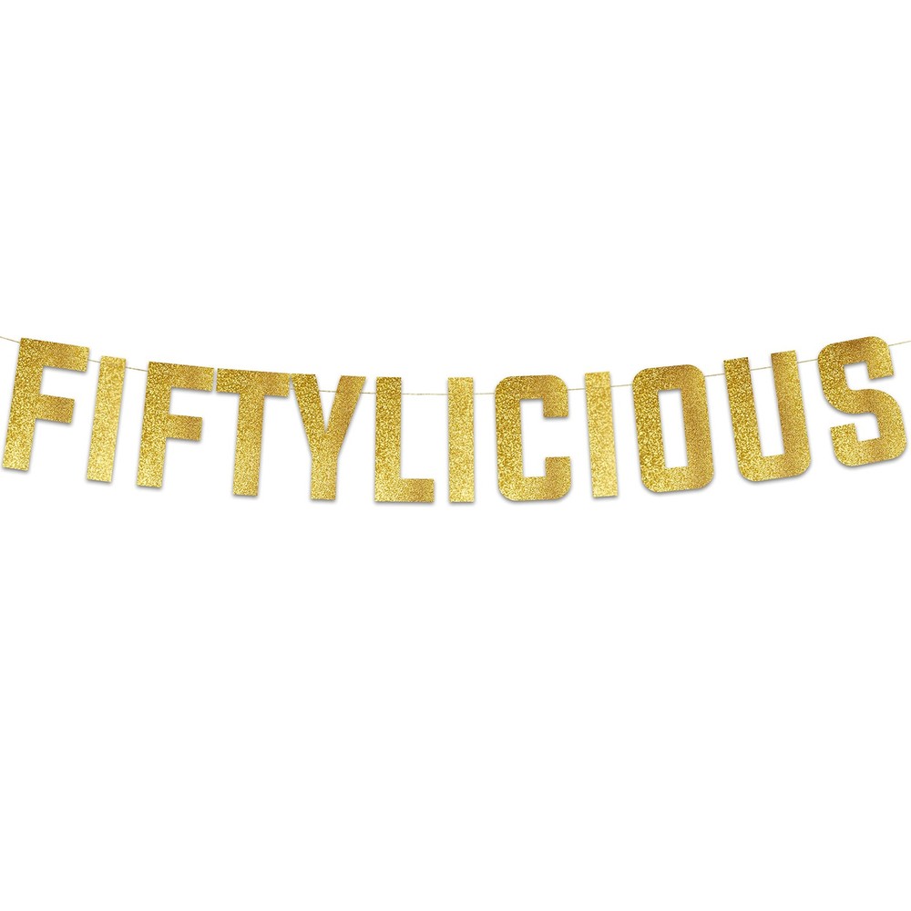 Pre-Strung Fiftylicious Gold Glitter Banner – Funny 50th Birthday and Anniver…