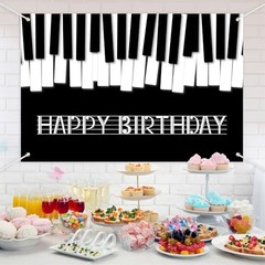 Piano Happy Birthday Banner Backdrop Black White Music Piano Keyboard Theme