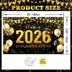 Graduation Backdrop Black and Gold Congratulations Class of 2026 Banner 2026 Gra
