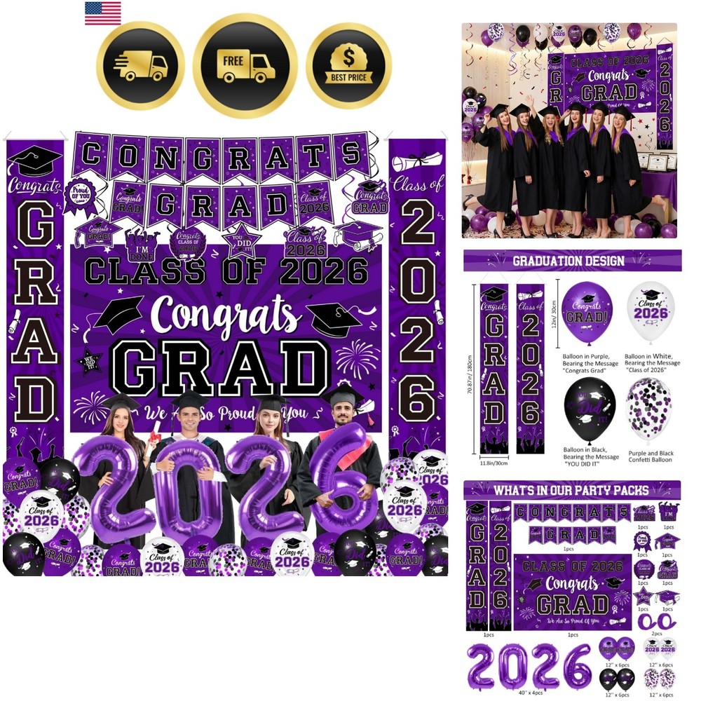 Graduation Decorations Class of 2026 Set – Purple Themed Congrats Grad Banner…