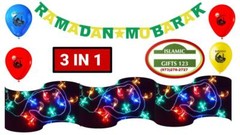 Ramadan Light + Banner+ Ramadan balloons [12 Pcs] Islamic Gifts Eid Decor Quran