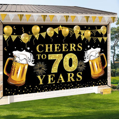 Large Cheers to 70 Years Banner Party Supplies, Black Gold Happy 70Th Birthday