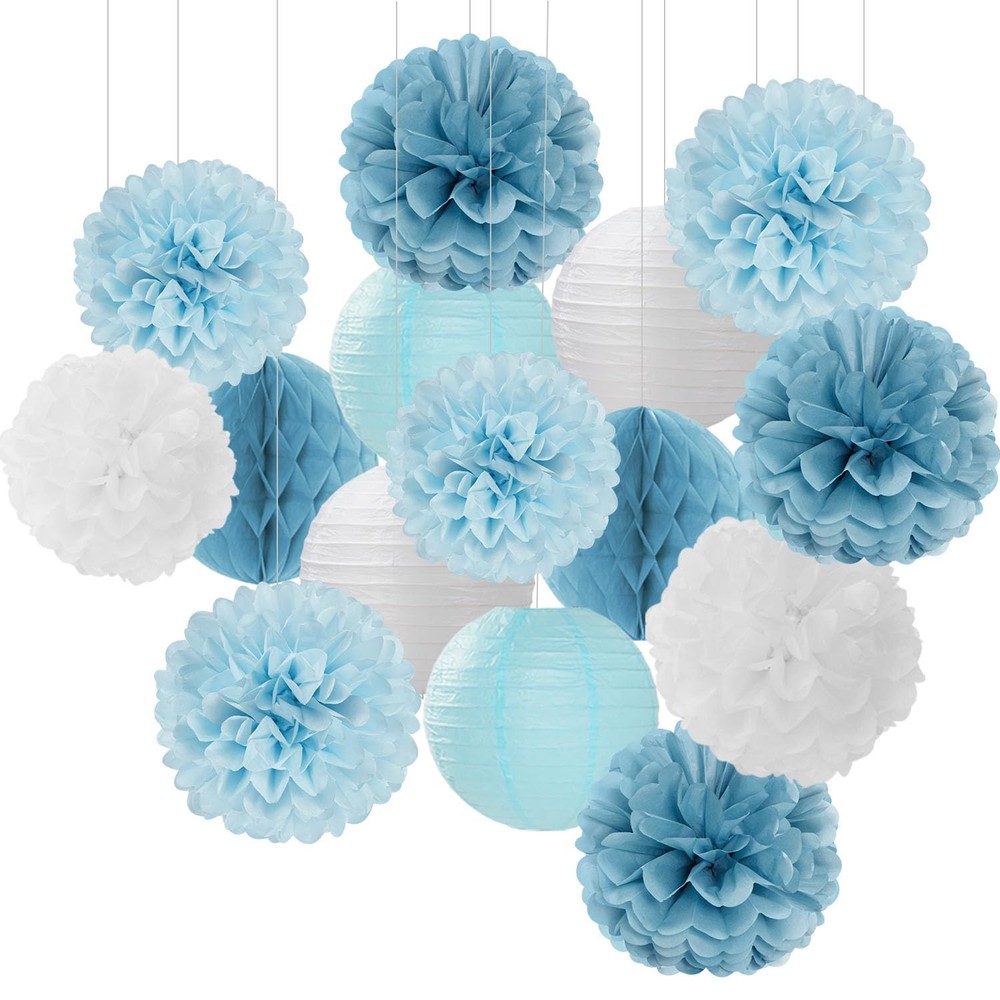 Dusty-Blue White Party-Decorations -Flowers Lanterns – 15pcs Baby Bridal Show…