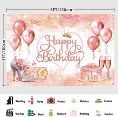 Rose Gold Happy Birthday Backdrop Banner Pink Rose Gold Birthday Decorations