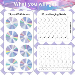 60 Pcs 90S Disco Party Decorations Y2K 2000Stheme Party Hanging Swirls CD Cutout