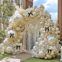 Pearl Sand White Balloon Arch Kit with Black Bow Double Pearl Cream Ivory Bei…