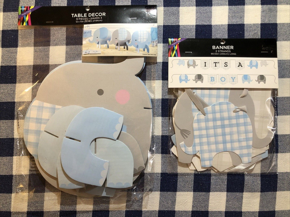 New Elephant It’s A Boy Table Decor and Banner Blue Gray White